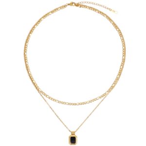 LETTARIUS Layering Necklace Gold Curb Chain Choker Dainty Black Square Pendant Layered Collar Necklace Stainless Steel Jewelry for Women