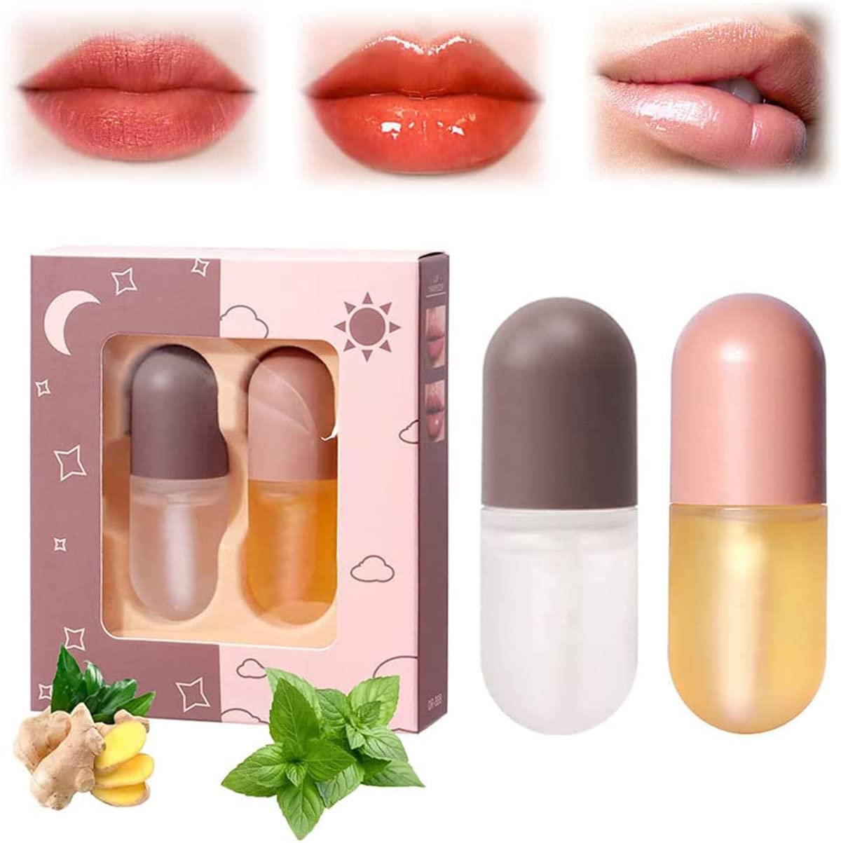 2 Pcs Lip Plumper,Lip Plumper Set,Day&Nigh Lip Plumping Treatments，Natural Lip Plumper and Lip Care Serum, Lip Enhancer for Fuller,Beautiful Fuller, Lip Plumper Gloss,Hydrating & Reduce Fine Lines