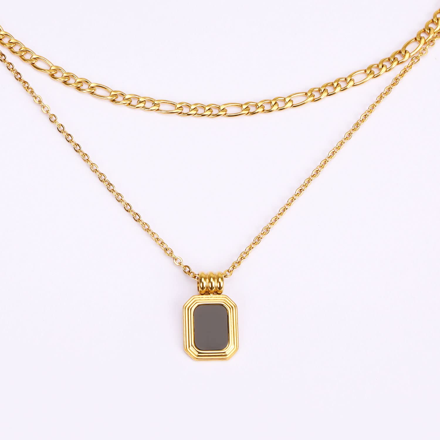 LETTARIUS Layering Necklace Gold Curb Chain Choker Dainty Black Square Pendant Layered Collar Necklace Stainless Steel Jewelry for Women