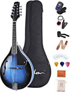 adm acoustic mandolin instrument kit music a style for kids students adults wood mandolins beginner set with bag, tuner, eq, strap, strings, picks and hanger, blue