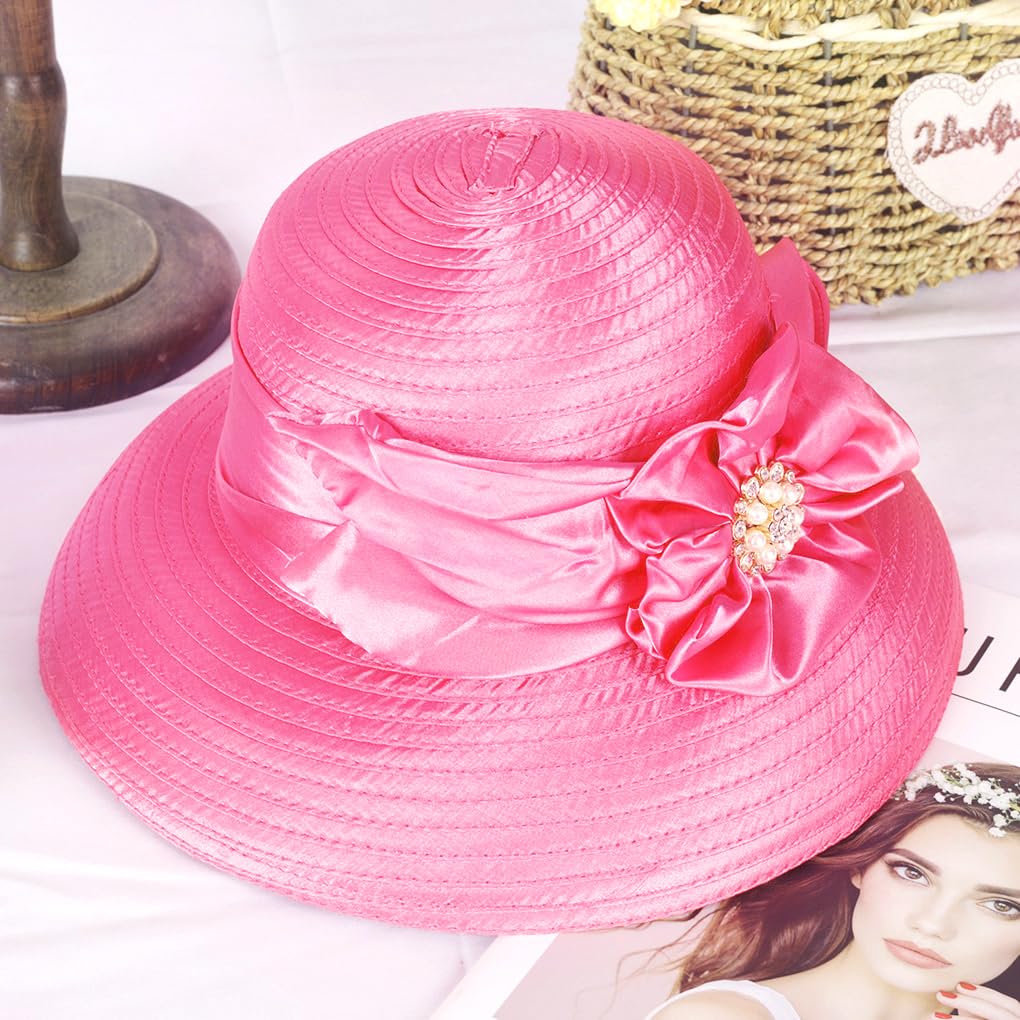 Women Derby Church Dress Cloche Hat Fascinator Floral Tea Party Wedding Bucket Hat S052 (S038-Rose)