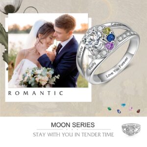 Gemsbe Custom Moon Statement Grandma Ring Personalized Promise Rings for Her Engraved Names Anniversary Ring for Women (3 stones)