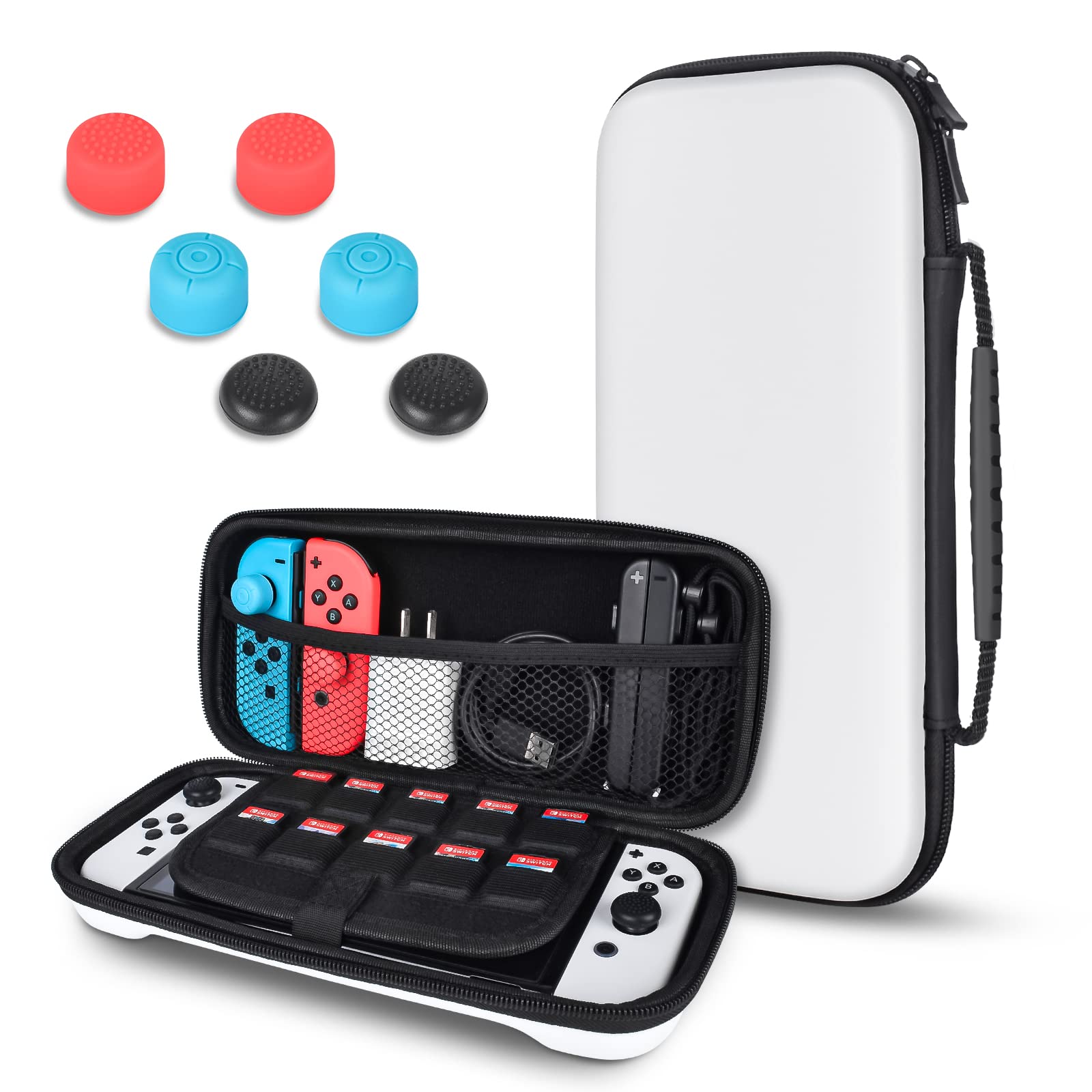 DLseego Carrying Case Design for Switch/Switch OLED Model, Shockproof Hard Shell Protective Travel Bag 10 Game Card Slots for Switch Console Joy-Con & Accessories with 6 Thumb Grip Caps – White