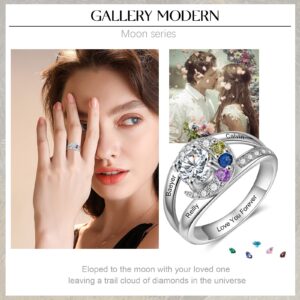 Gemsbe Custom Moon Statement Grandma Ring Personalized Promise Rings for Her Engraved Names Anniversary Ring for Women (3 stones)