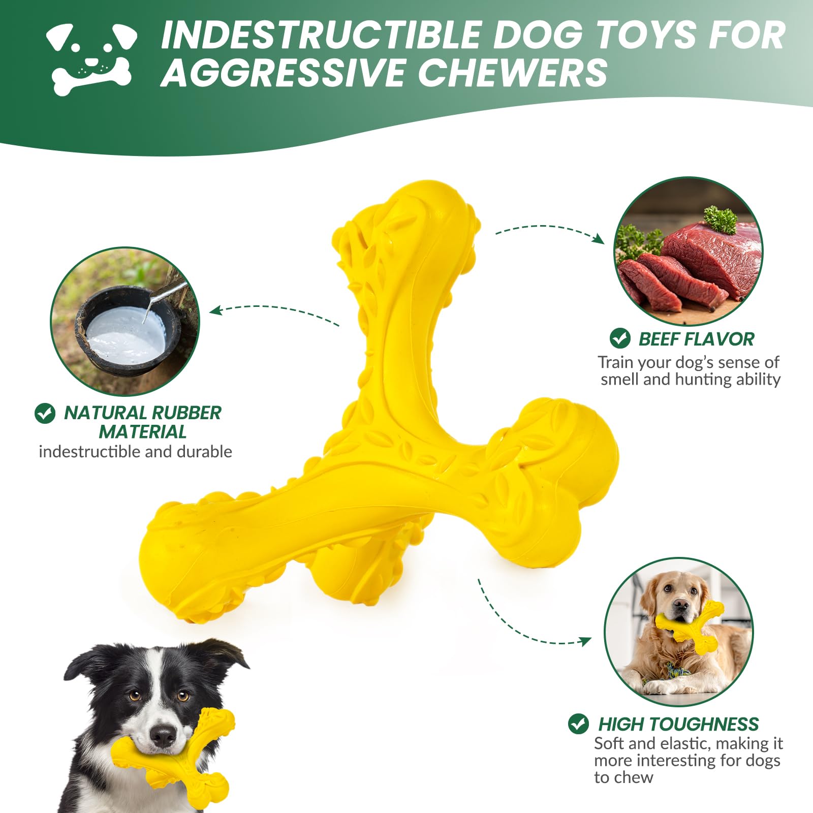 CVALIN Dog Chew Toys for Aggressive Chewers Large Breed,Indestructible Bones Toy，Durable Cleaning Toothbrush Natural Rubber Dog Toys… (Yellow)