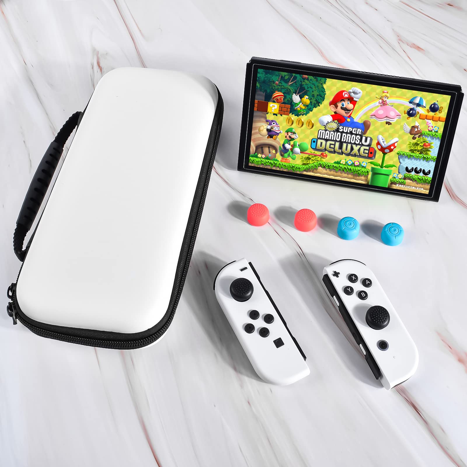 DLseego Carrying Case Design for Switch/Switch OLED Model, Shockproof Hard Shell Protective Travel Bag 10 Game Card Slots for Switch Console Joy-Con & Accessories with 6 Thumb Grip Caps – White