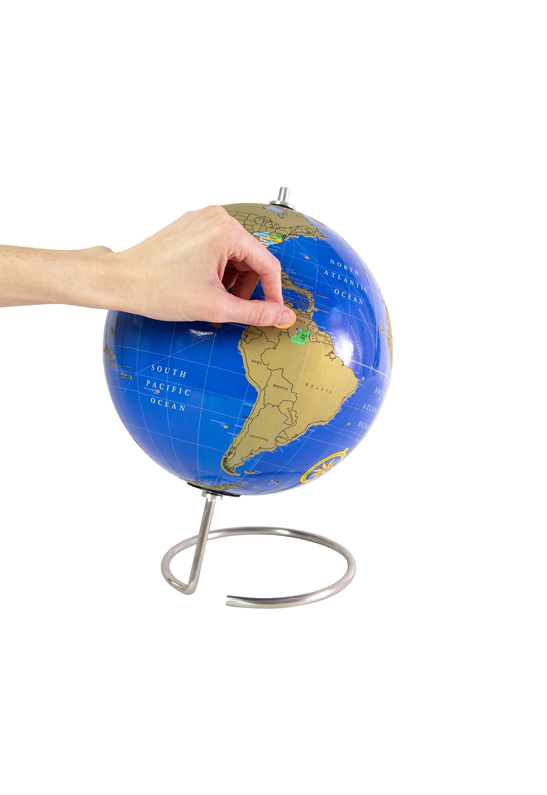 Bullseye Office - Magnetic Scratch Off World Globe (Lacquer Finish) - 10" Magnetic Standing World Globe with Magnetic Pins - Perfect as Office Desk Globe, Classroom Globe, or Travelers Globe (Blue)