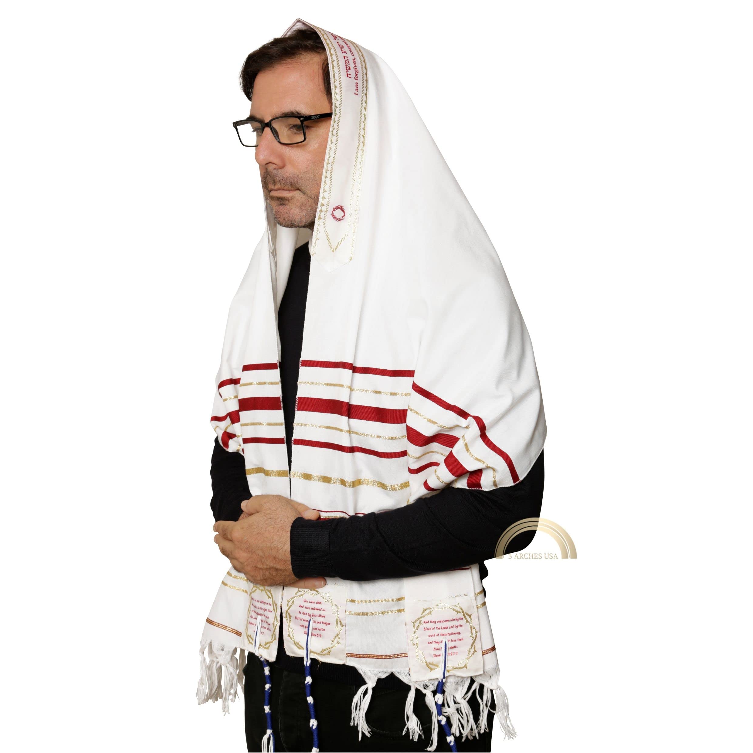 3 ARCHES USA, The Blood Of Yeshua The Messiah,Prayer Shawl from Israel Messianic Tallit Prayer Shawl- Red 72"x 22" Jewish Prayer Shawl with Bag, Scripture Corners & Hebrew Prayer