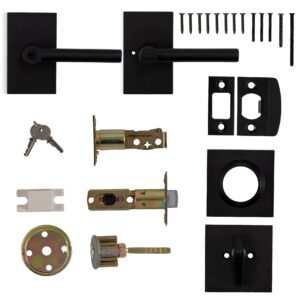 Berlin Modisch Entry Lever Door Handle and Single Cylinder Deadbolt Lock and Key Designer Series Locking Lever Handle Set [Front Door or Office] Right & Left Sided Doors Heavy Duty – Iron Black Finish