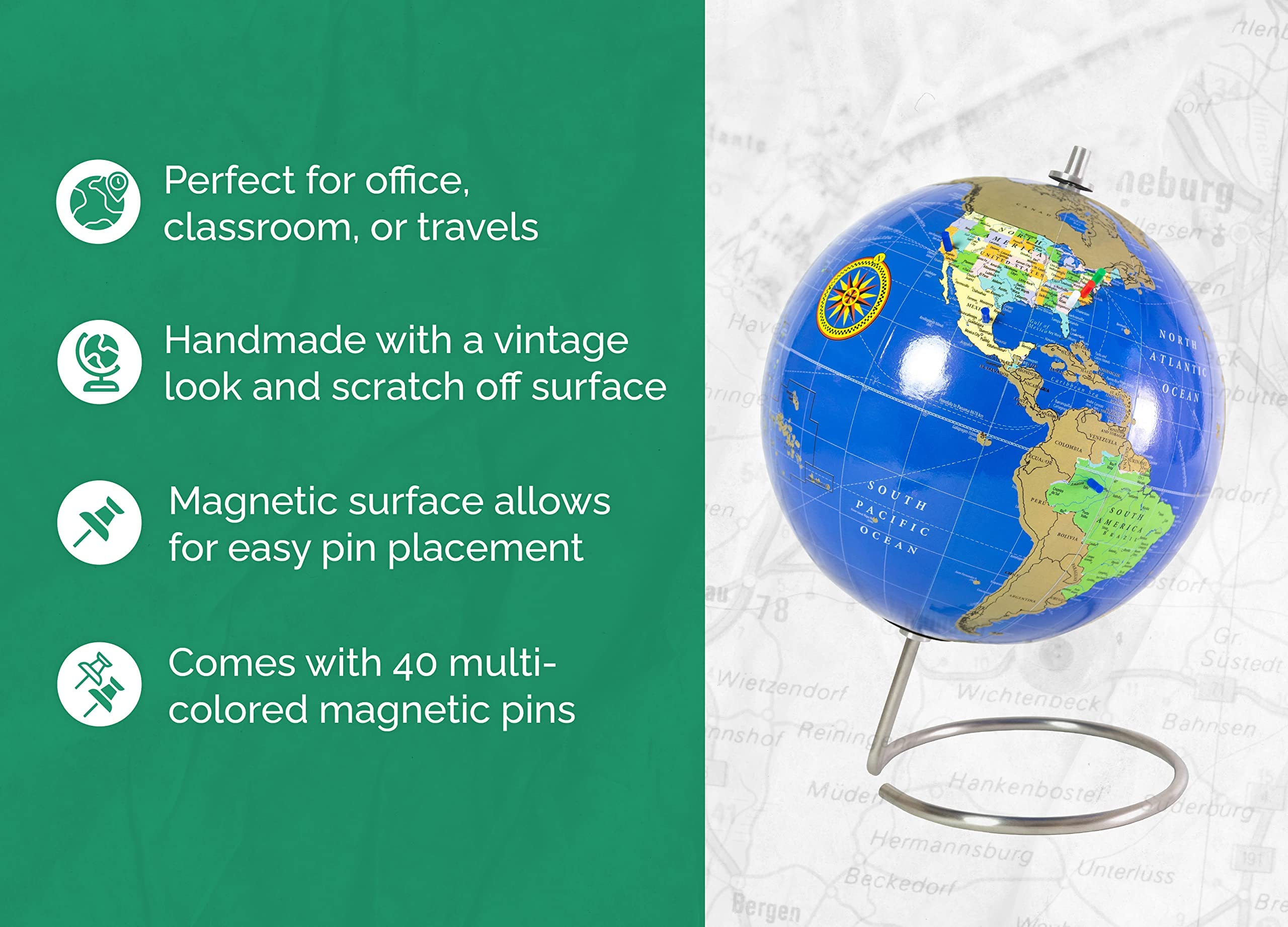 Bullseye Office - Magnetic Scratch Off World Globe (Lacquer Finish) - 10" Magnetic Standing World Globe with Magnetic Pins - Perfect as Office Desk Globe, Classroom Globe, or Travelers Globe (Blue)