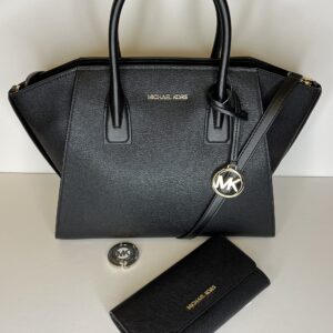 Michael Kors MICHAEL Michael Kors Avril Large Top-Zip Satchel bundled with Trifold Wallet Purse Hook (Black)