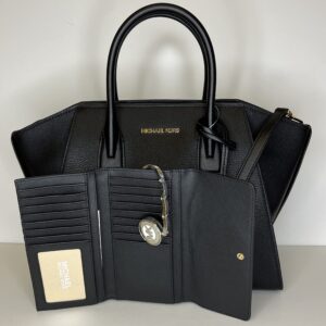 Michael Kors MICHAEL Michael Kors Avril Large Top-Zip Satchel bundled with Trifold Wallet Purse Hook (Black)