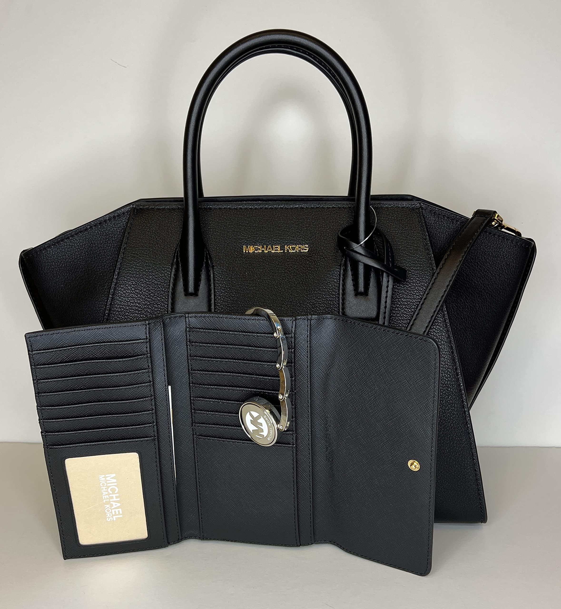 Michael Kors MICHAEL Michael Kors Avril Large Top-Zip Satchel bundled with Trifold Wallet Purse Hook (Black)