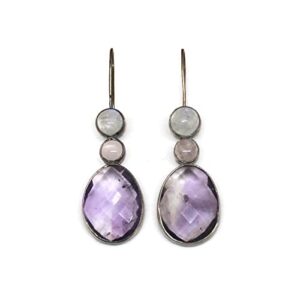 925 Sterling Silver Amethyst, Rose Quartz and Rainbow Moonstone Earring Jewelry Dangle Genuine Earring Ravaria Jewelry