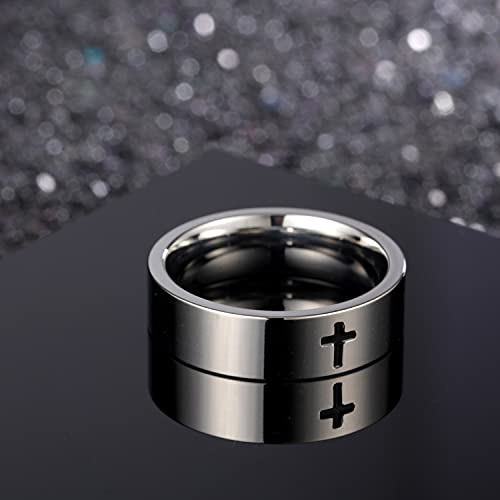 COLORFUL BLING 6MM Simple Polished Engraved Cross Stackable Ring Stainless Steel Silver Christian Cross Ring Sideways Religious Wedding Band Jewelry-10