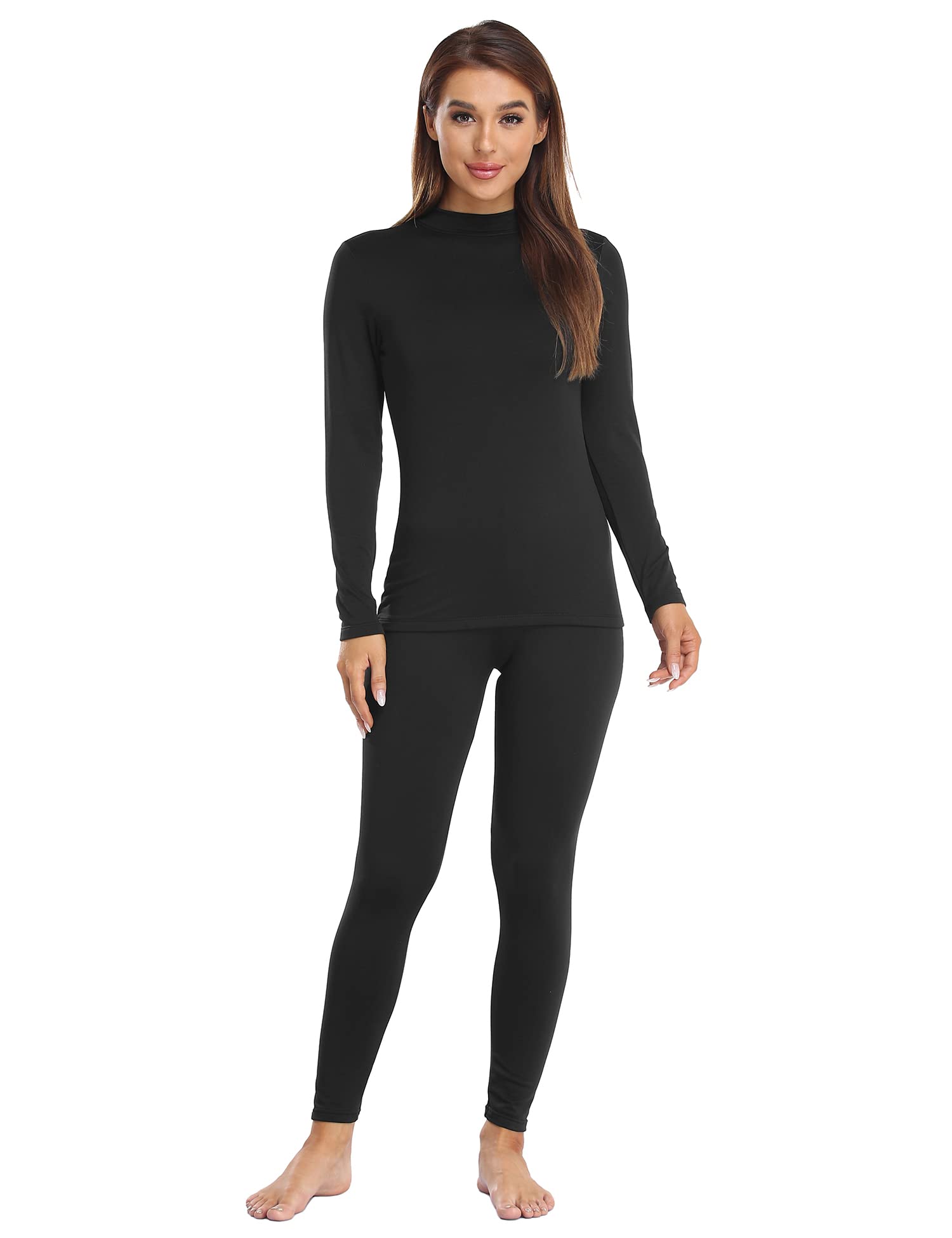 JOLLYBUYER Women's Mock Neck Thermal Underwear Winter Fleece Ultra-Soft Warm Base Layer Set Black