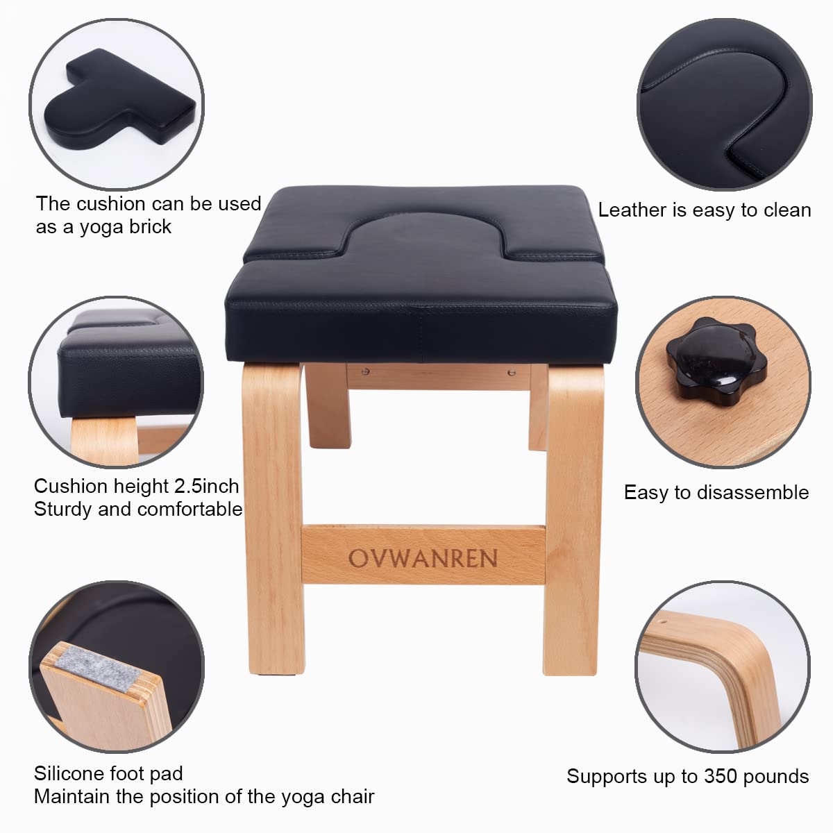 ovwanren Yoga Headstand Bench- Stand Yoga Chair for Family, Gym - Wood and PU Pads - Relieve Fatigue and Build Up Body (Black)