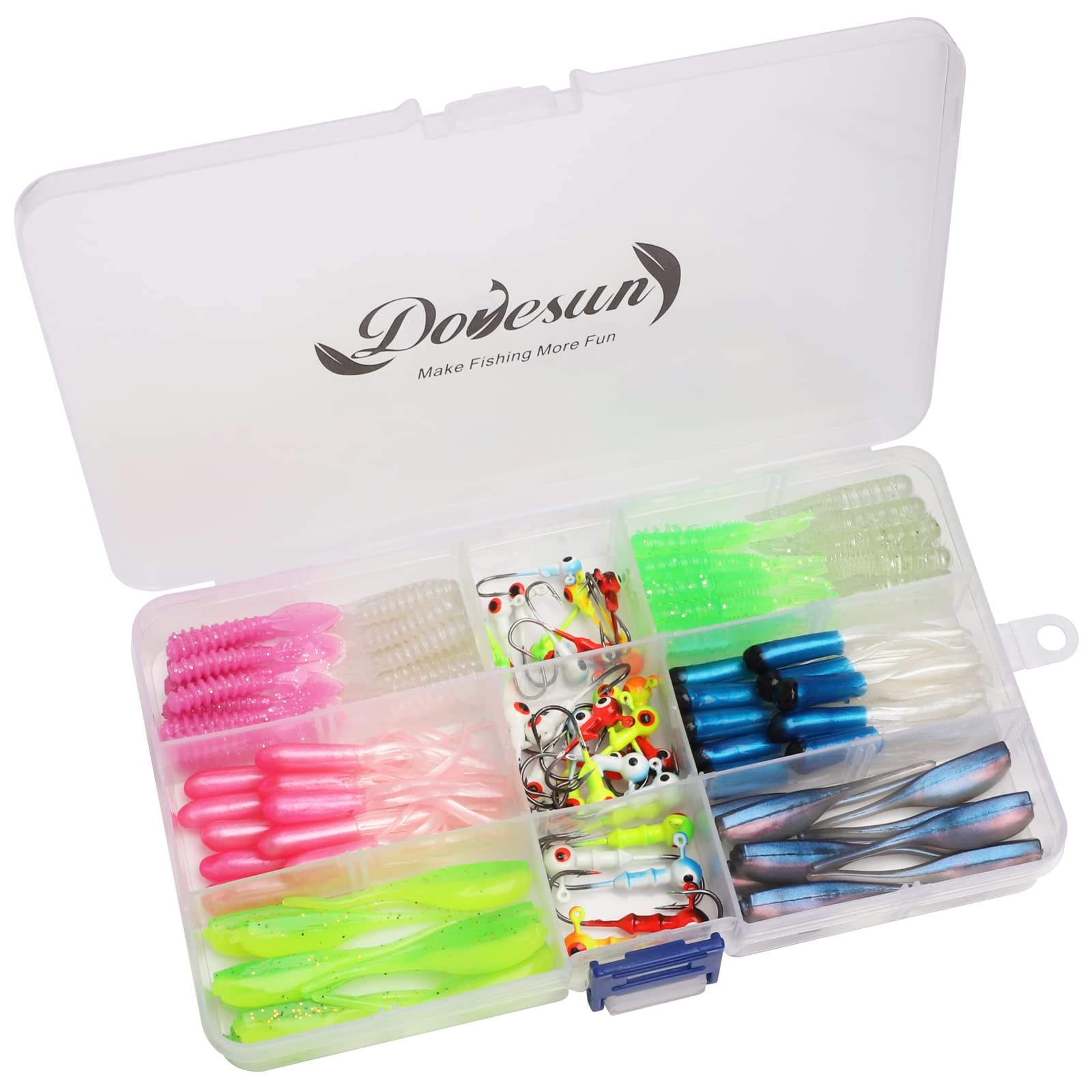 Dovesun 110pcs Crappie Lures with Jig Heads Hooks Kit- Soft Plastic Grubs-Tubes Bait 80Pcs 1/8 1/16 1/32 oz 30Pcs Crappie Jigs Fishing Lures Kit for Saltwater Freshwater Fishing