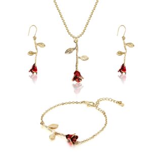 18k gold plated jewelry set rose necklace bracelet earrings personalized red rose flower necklaces aesthetic chain bracelet beach anklets dangle hook earrings for christmas gift girls teen women