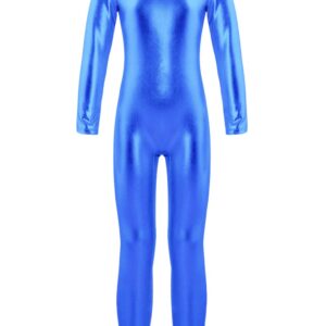 easyforever Kids Girls One Piece Long Sleeves Full Body Footless Gymnastics Ballet Dance Leotard Jumpsuit Royal Blue Shiny Metallic 4 Years