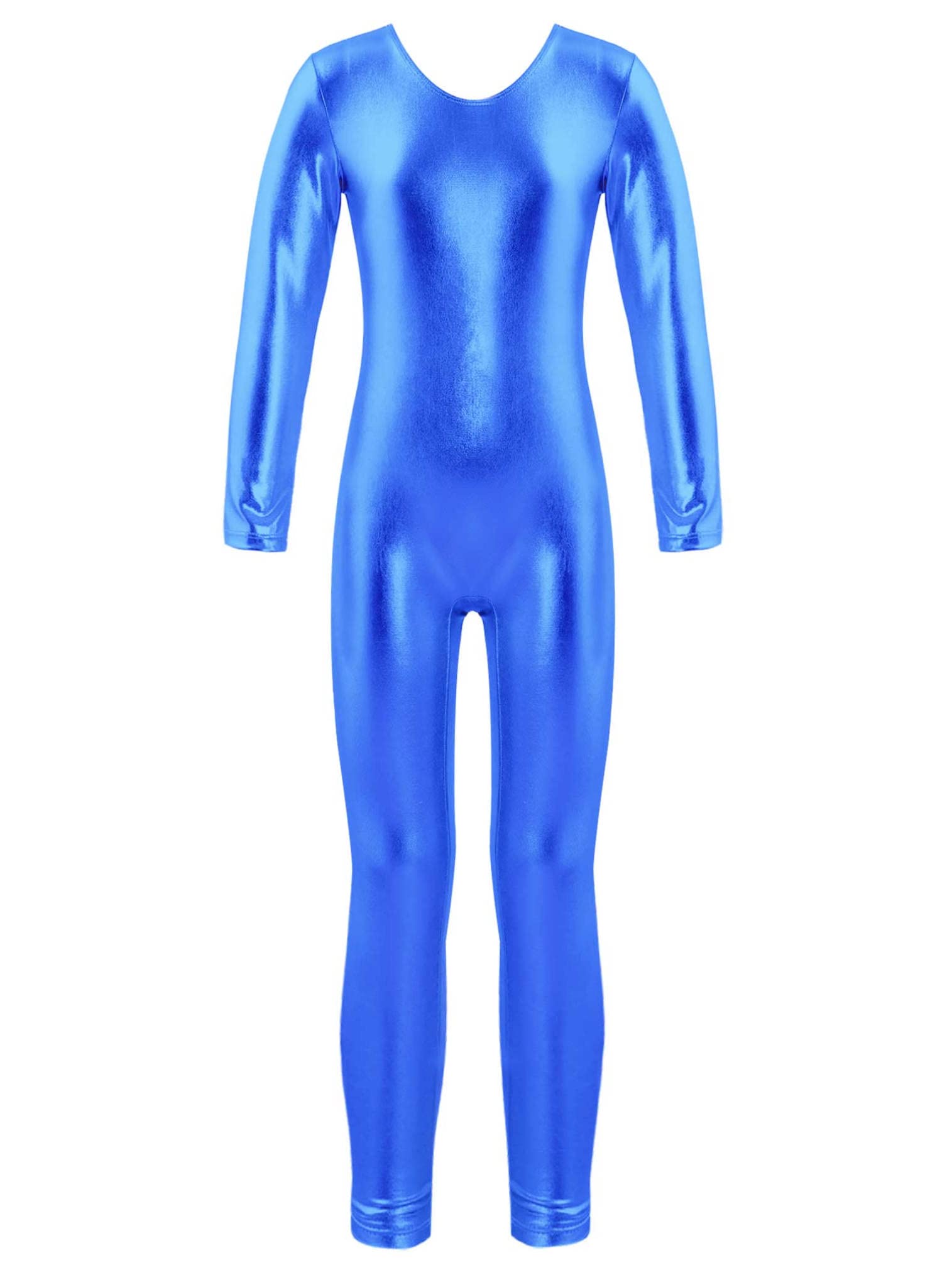 easyforever Kids Girls One Piece Long Sleeves Full Body Footless Gymnastics Ballet Dance Leotard Jumpsuit Royal Blue Shiny Metallic 4 Years