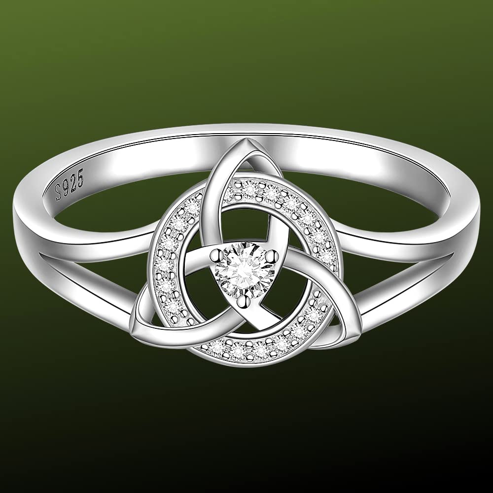 Celtic Knot Ring Sterling Silver Celtic Engagement Knot Rings for Women Cubic Zirconia Triquetra Trinity Wedding Vintage Irish Jewelry Size 7