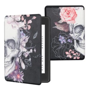 QIYI Case for 6.8" Kindle Paperwhite (11th Generation-2021) & Kindle Paperwhite Signature Edition, Pink Flowers Black PU Leather eBook Reader Smart Cover with Auto Wake/Sleep - Skull in Blossom