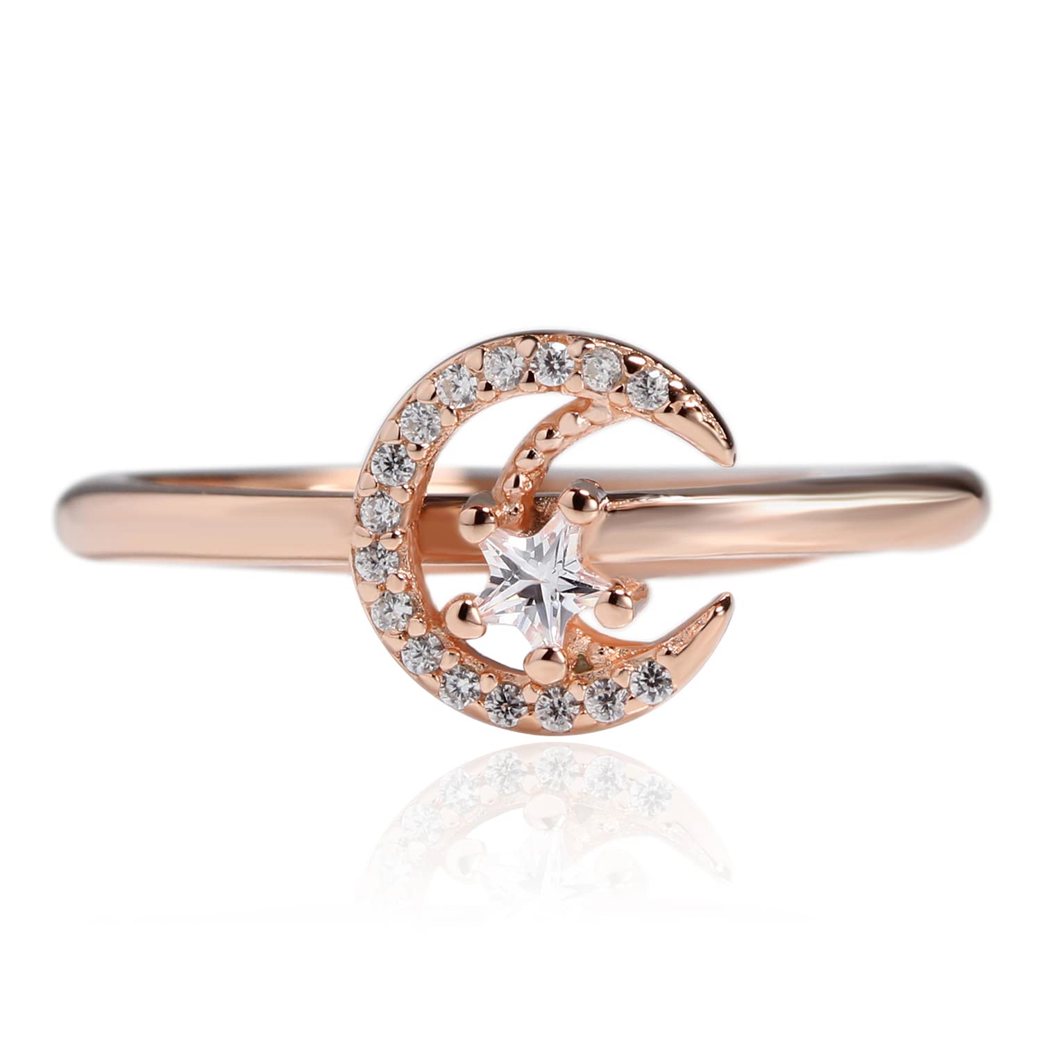 Meissa Sterling Silver Adjustable Ring for Women Crescent Moon and Star Ring Cubic Zirconia Silver Rose Gold Pleated Constellation Ring Gold