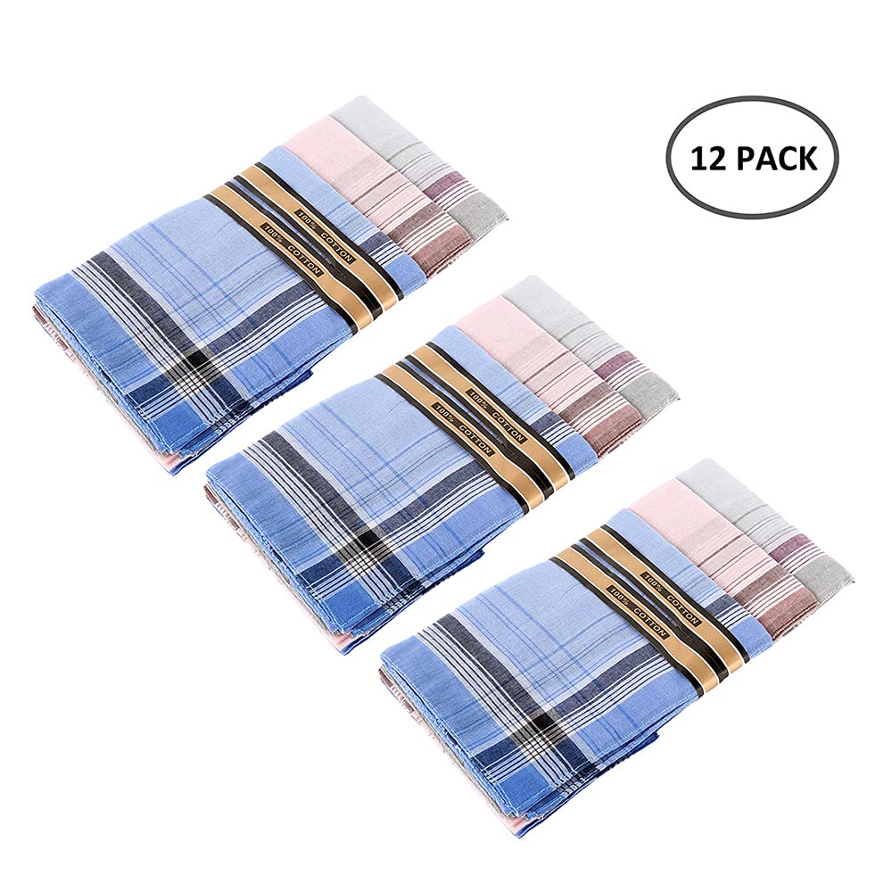 uywapvt 12Pcs Cotton Men Handkerchiefs, 15“ x 15" Coloured Stripe 100% Soft Cotton Mens Handkerchiefs Checkered Pattern Pocket Square Hankies Gift for Gentleman Father Male Friend