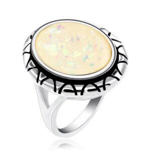 Uloveido Oval Cut Simulated White Fire Opal Split Shank Rings Halo Solitaire Wedding Birthstone Jewelry Women RA0309 (White, Size 10)