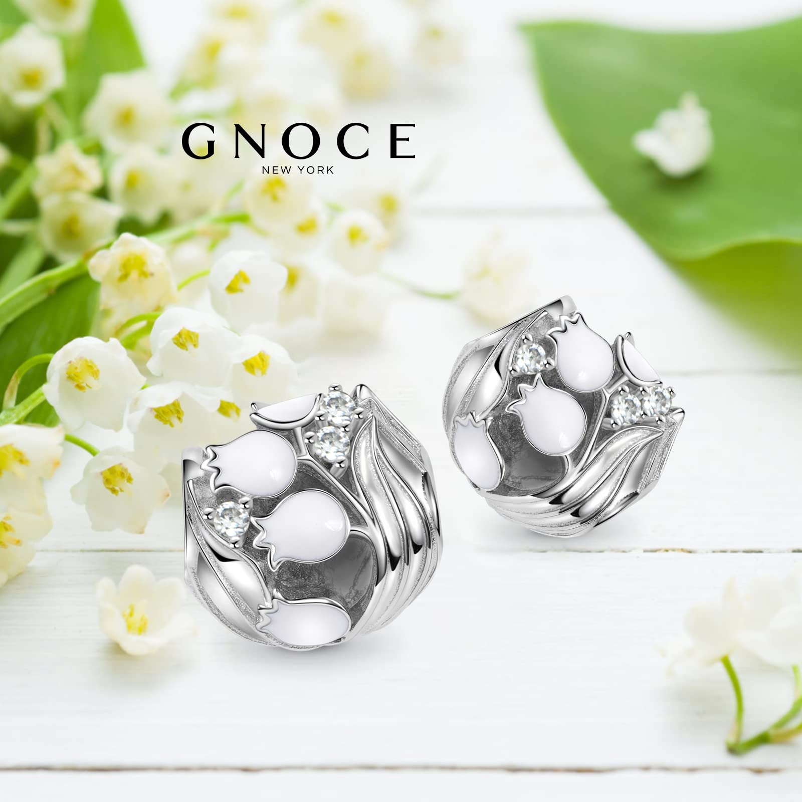 GNOCE Lily of the Valley Charm Bead 925 Sterling Silver Jewelry Gift For Women Wife Fit Snake Chain Bracelets/Necklace