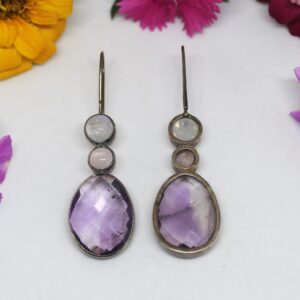 925 Sterling Silver Amethyst, Rose Quartz and Rainbow Moonstone Earring Jewelry Dangle Genuine Earring Ravaria Jewelry