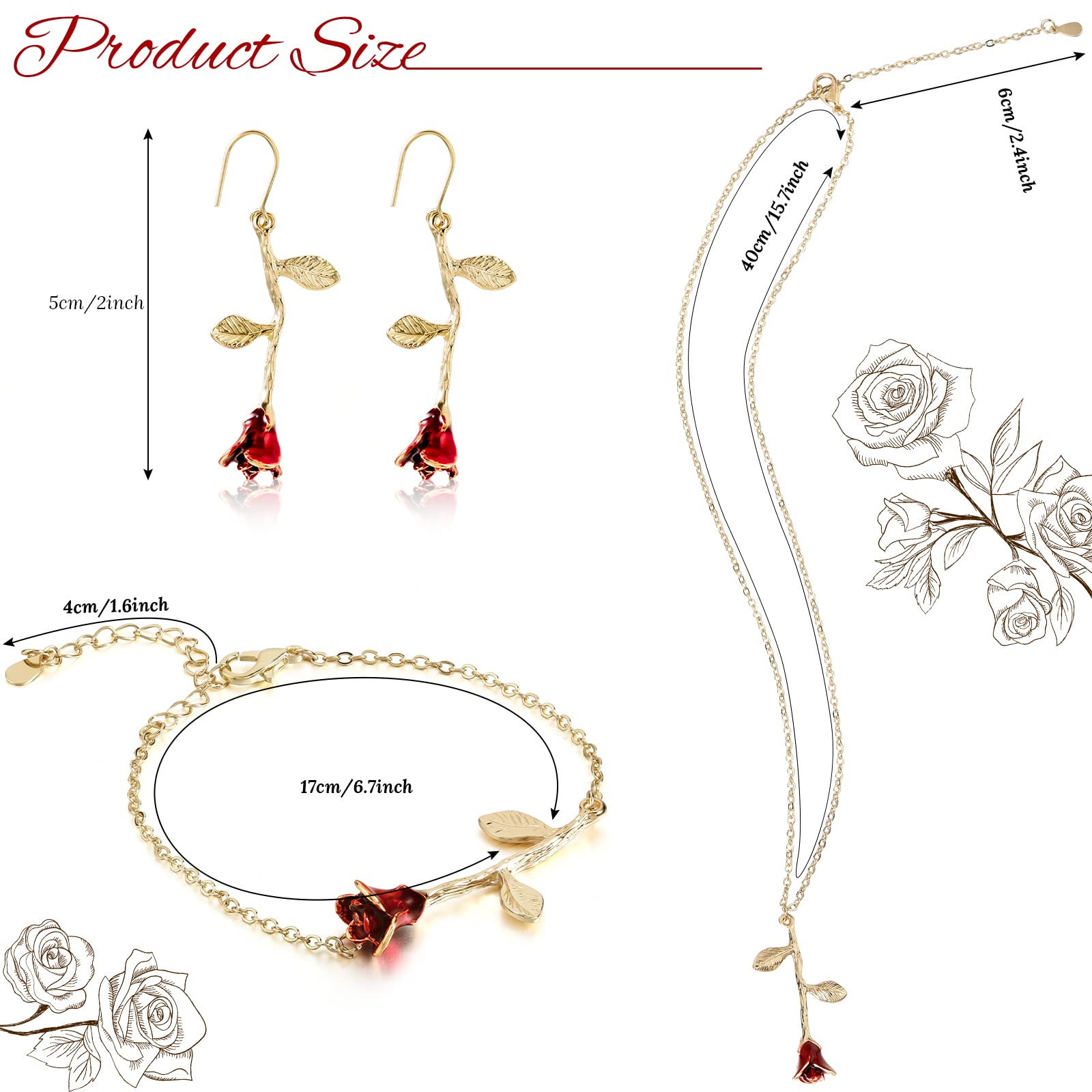 18K Gold Plated Jewelry Set Rose Necklace Bracelet Earrings Personalized Red Rose Flower Necklaces Aesthetic Chain Bracelet Beach Anklets Dangle Hook Earrings for Christmas Gift Girls Teen Women