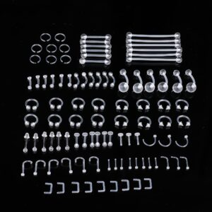 LOLIAS 98PCS Clear Piercing Retainer Septum Nose Studs Flexible Lip Ear Nose Hoop Tongue Ring Nipple Ring Cartilage Tragus Daith Earring Retainer Plastic Industrial Piercing Jewelry for Surgery&Work