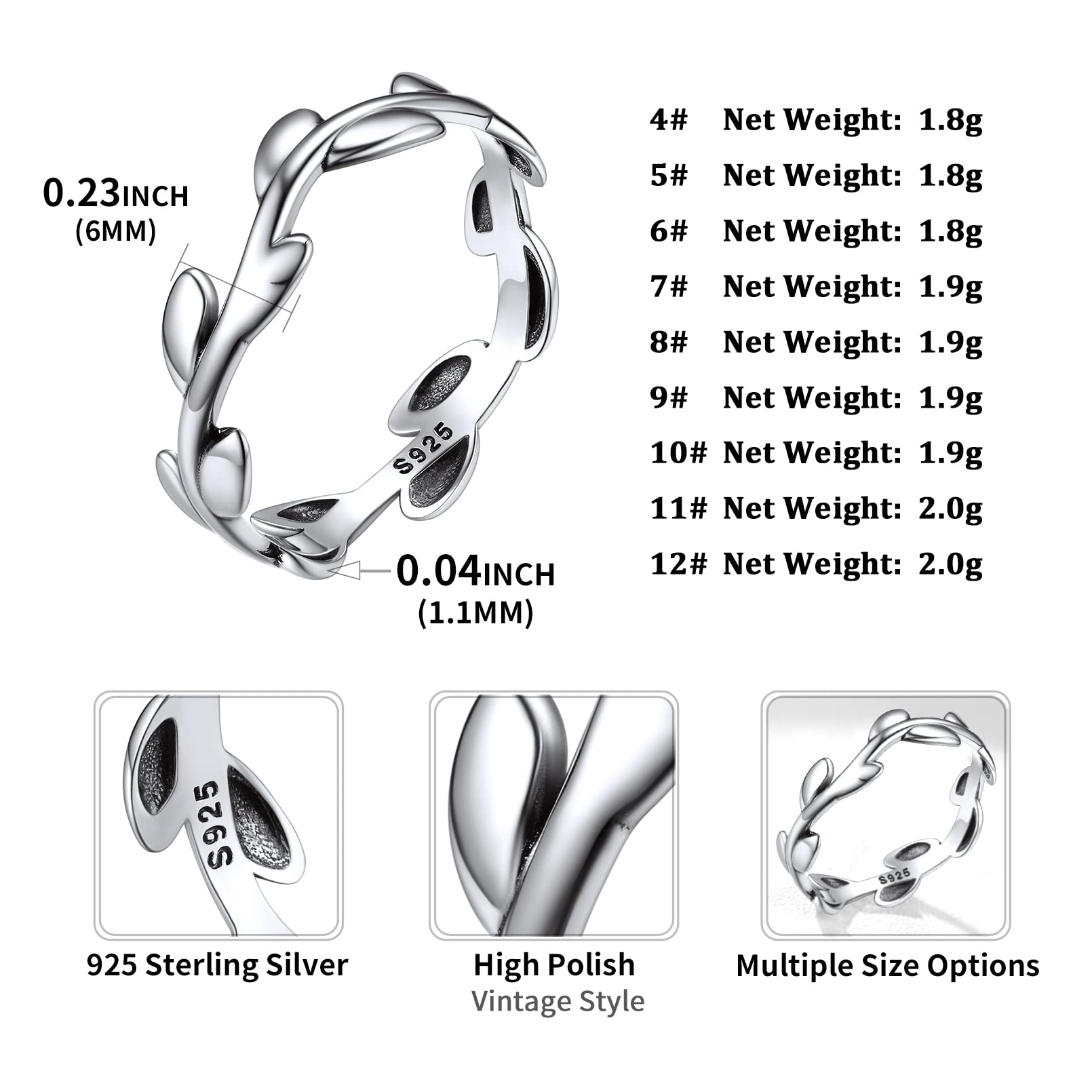 ChicSilver 925 Sterling Silver Ring High Polish Simple Olive Leaf Engagement Wedding Band Promise Ring for Women Size 8