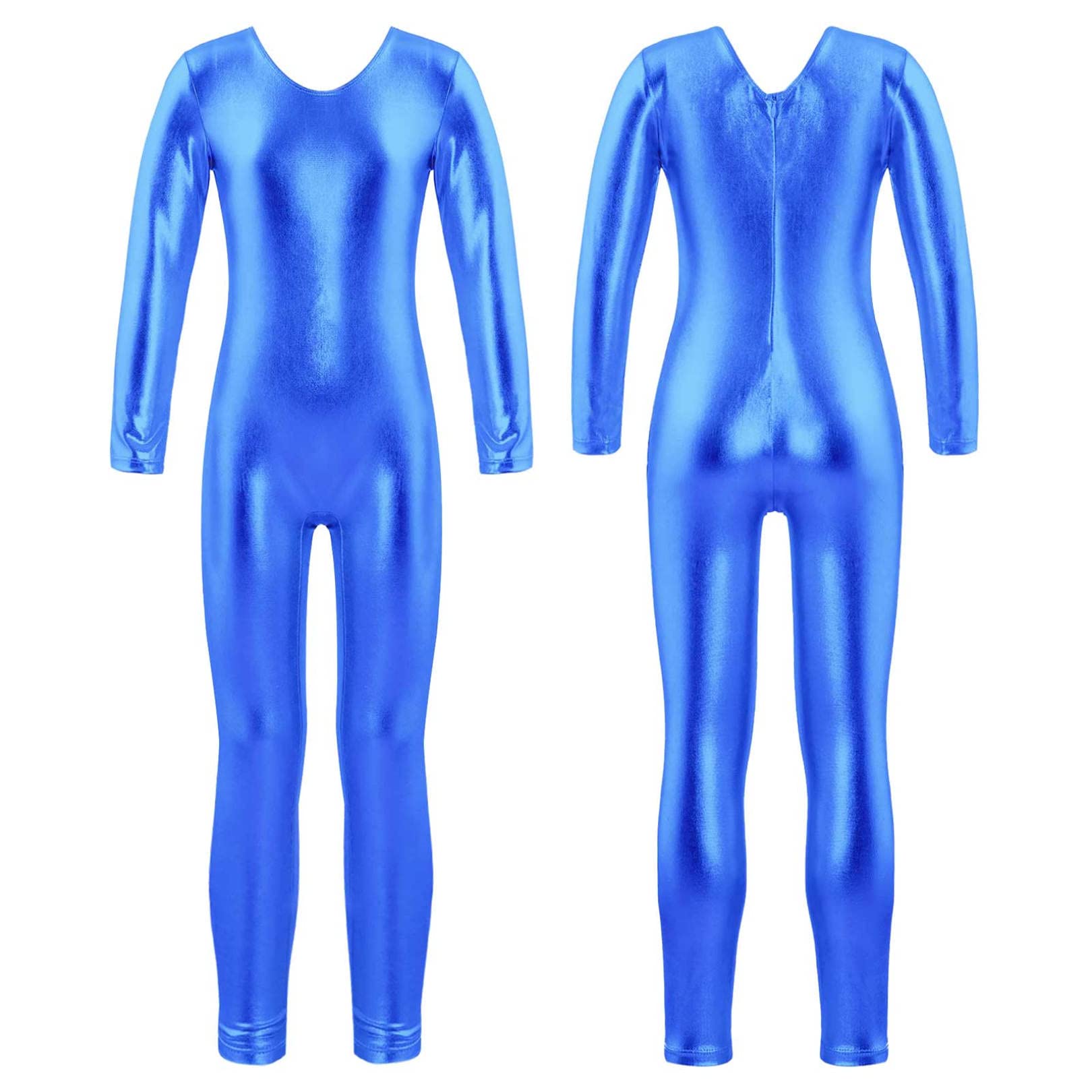 easyforever Kids Girls One Piece Long Sleeves Full Body Footless Gymnastics Ballet Dance Leotard Jumpsuit Royal Blue Shiny Metallic 4 Years