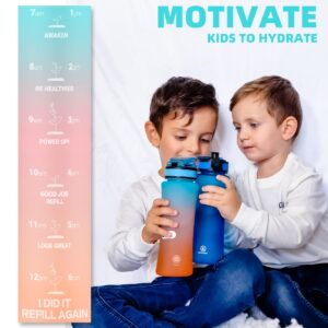 KITART 15oz Kids Sports Water Bottles for School with Spout Lid (Blue Pink Orange)