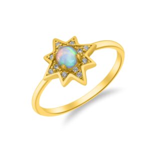 FULULAY 14K Gold Plated Sterling Silver|Hand Cut Welo Ethiopian Opal Starburst Ring|Size 7|Great Gifts For Women