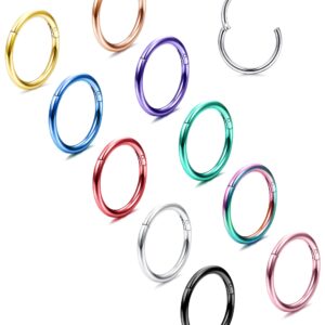 BESTEEL 10 Pcs 16G 18G Hinged Clicker Nose Rings Helix Cartilage Daith Hoop Earrings for Women Men Septum Tragus Sleeper Conch Piercing Earring Set 8-12MM