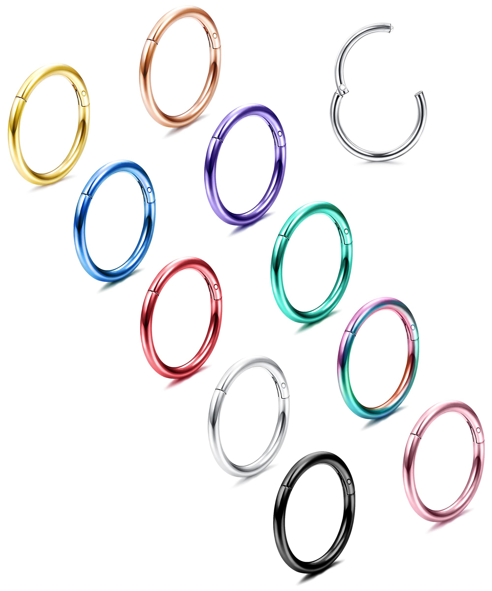 BESTEEL 10 Pcs 16G 18G Hinged Clicker Nose Rings Helix Cartilage Daith Hoop Earrings for Women Men Septum Tragus Sleeper Conch Piercing Earring Set 8-12MM