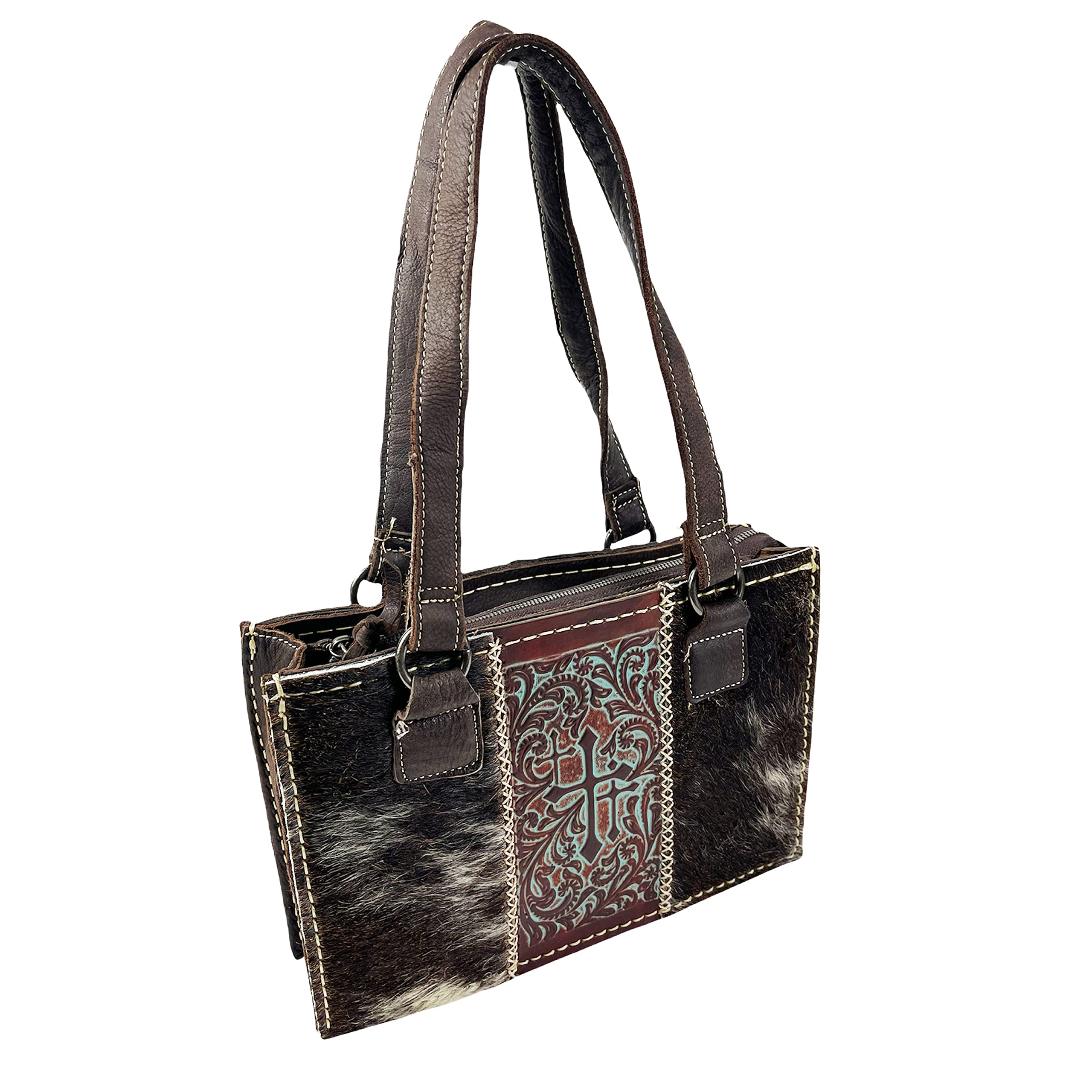 Urbalabs Western Genuine CowHair Tooled Crosses Leather Purse Handbag Tote Bag for Women with Zipper Hand Stitched Over the Shoulder Western Purses In Dark Brown (Dark Brown)