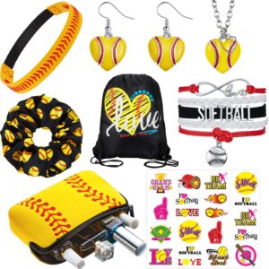 mtlee 127 pcs softball gifts for girl accessories set softball headband scrunchies softball bracelet necklace earrings softball drawstring bag makeup bag sports and 120 pcs stickers for women costume