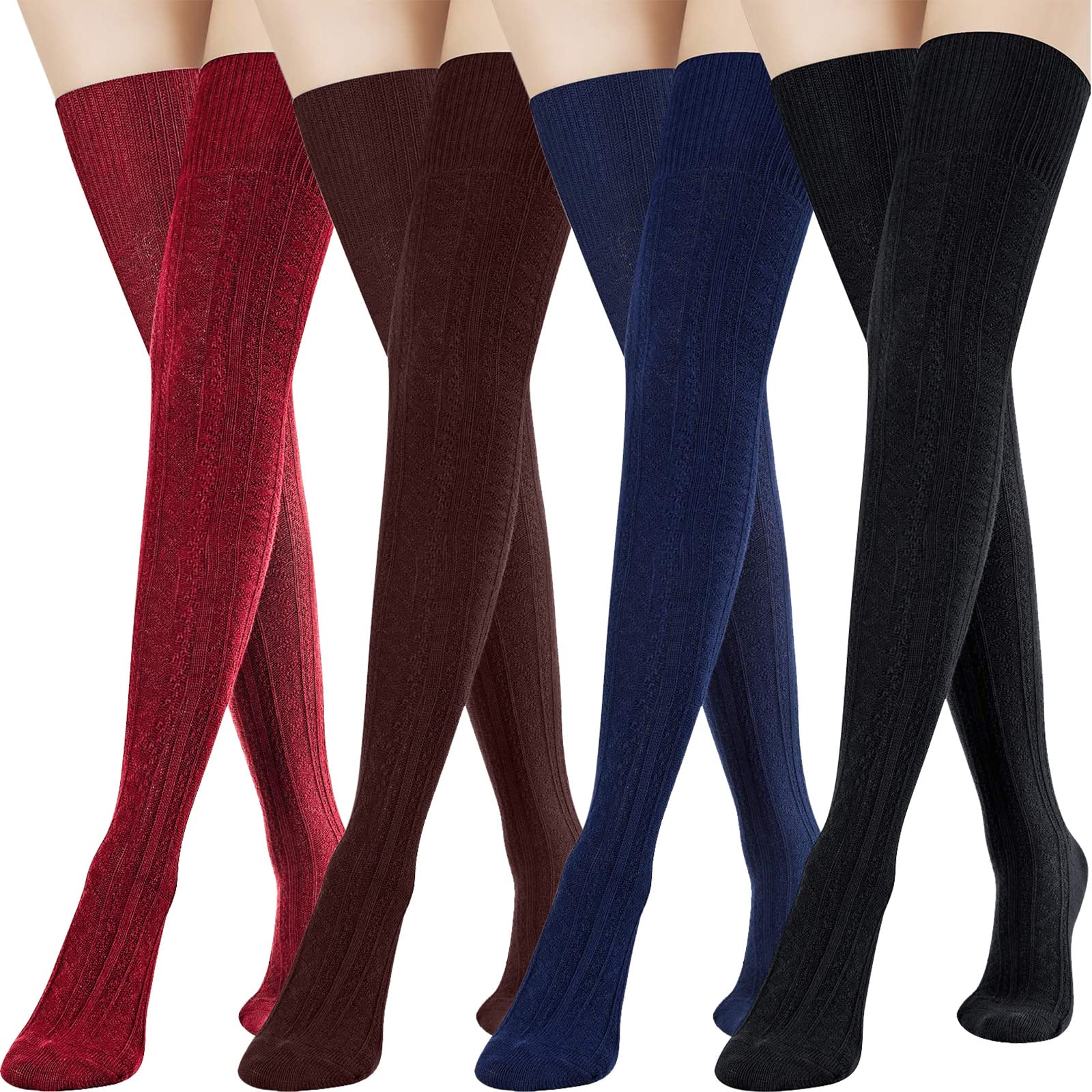 SATINIOR 4 Pairs Thigh High Socks for Women Knit Socks Long Over the Knee Soft Material Socks Leg Warmers(Wine Red, Navy Blue, Brown, Gray, 4 Pair)