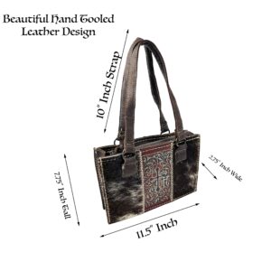 Urbalabs Western Genuine CowHair Tooled Crosses Leather Purse Handbag Tote Bag for Women with Zipper Hand Stitched Over the Shoulder Western Purses In Dark Brown (Dark Brown)