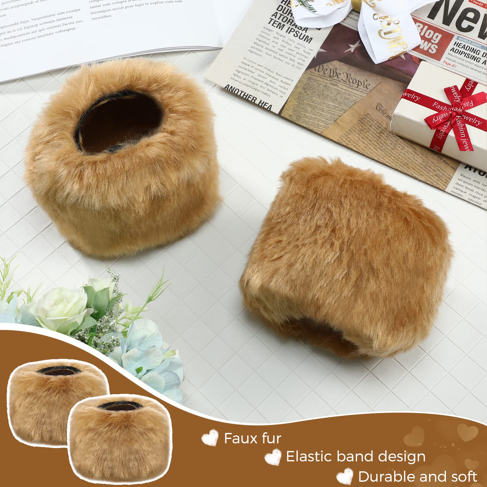 SATINIOR Faux Fur Short Wrist Cuff Winter Wrist Cuff Warmers Fuzzy Wrist Cuff for Women Girls Favors (Brown)