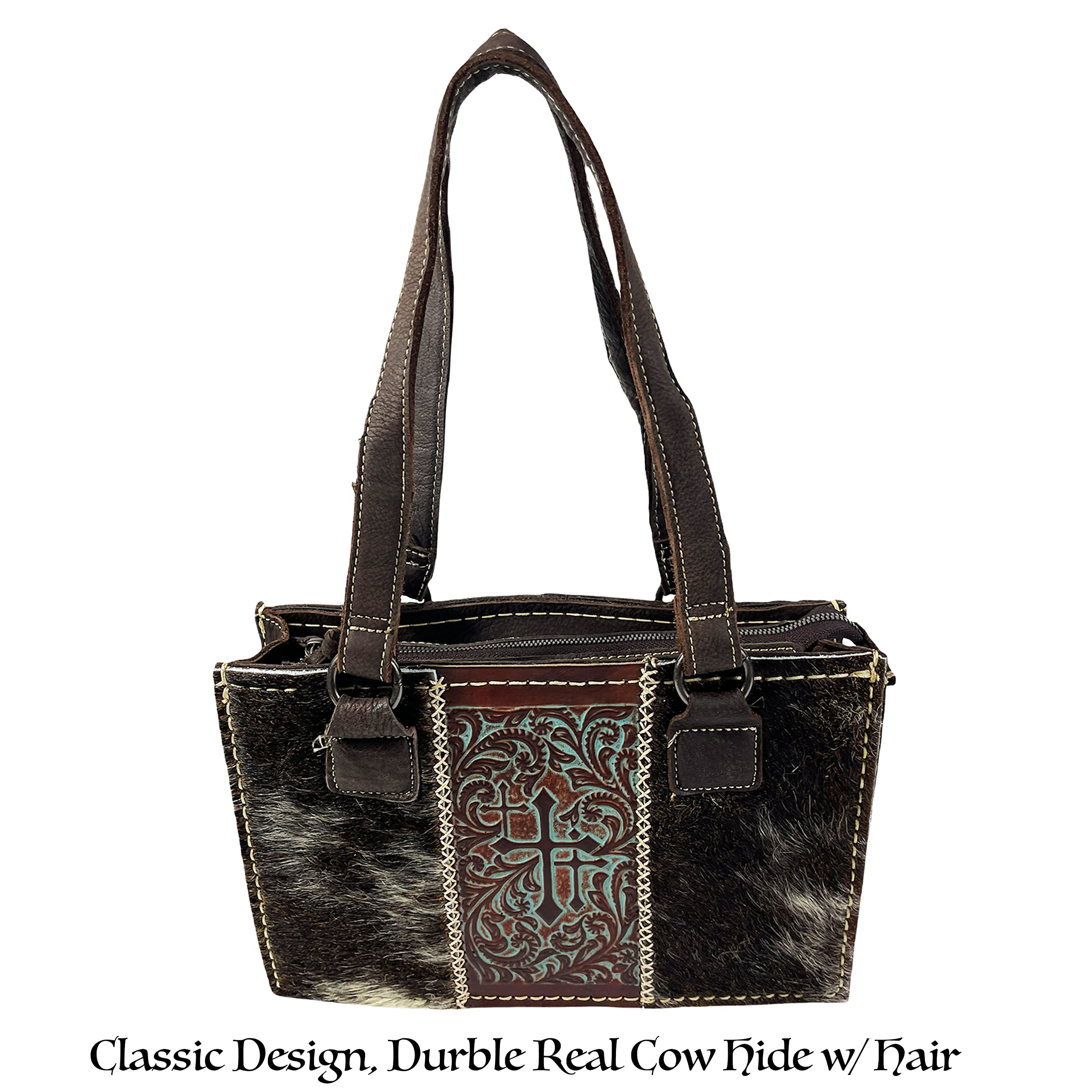 Urbalabs Western Genuine CowHair Tooled Crosses Leather Purse Handbag Tote Bag for Women with Zipper Hand Stitched Over the Shoulder Western Purses In Dark Brown (Dark Brown)