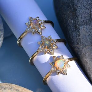 FULULAY 14K Gold Plated Sterling Silver|Hand Cut Welo Ethiopian Opal Starburst Ring|Size 7|Great Gifts For Women