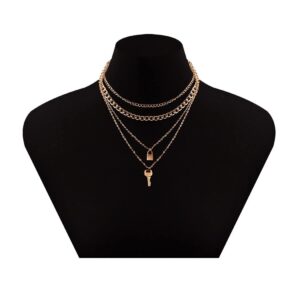 Key Lock Multilayer Necklace Thick Choker Necklaces Gold Necklace Chain for Women (Key lock layered necklace)