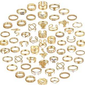 YEEZII 68 Pcs Gold Knuckle Rings Set for Women, Stackable Rings Boho Joint Finger Midi Rings Silver Hollow Carved Crystal Stacking Rings Pack