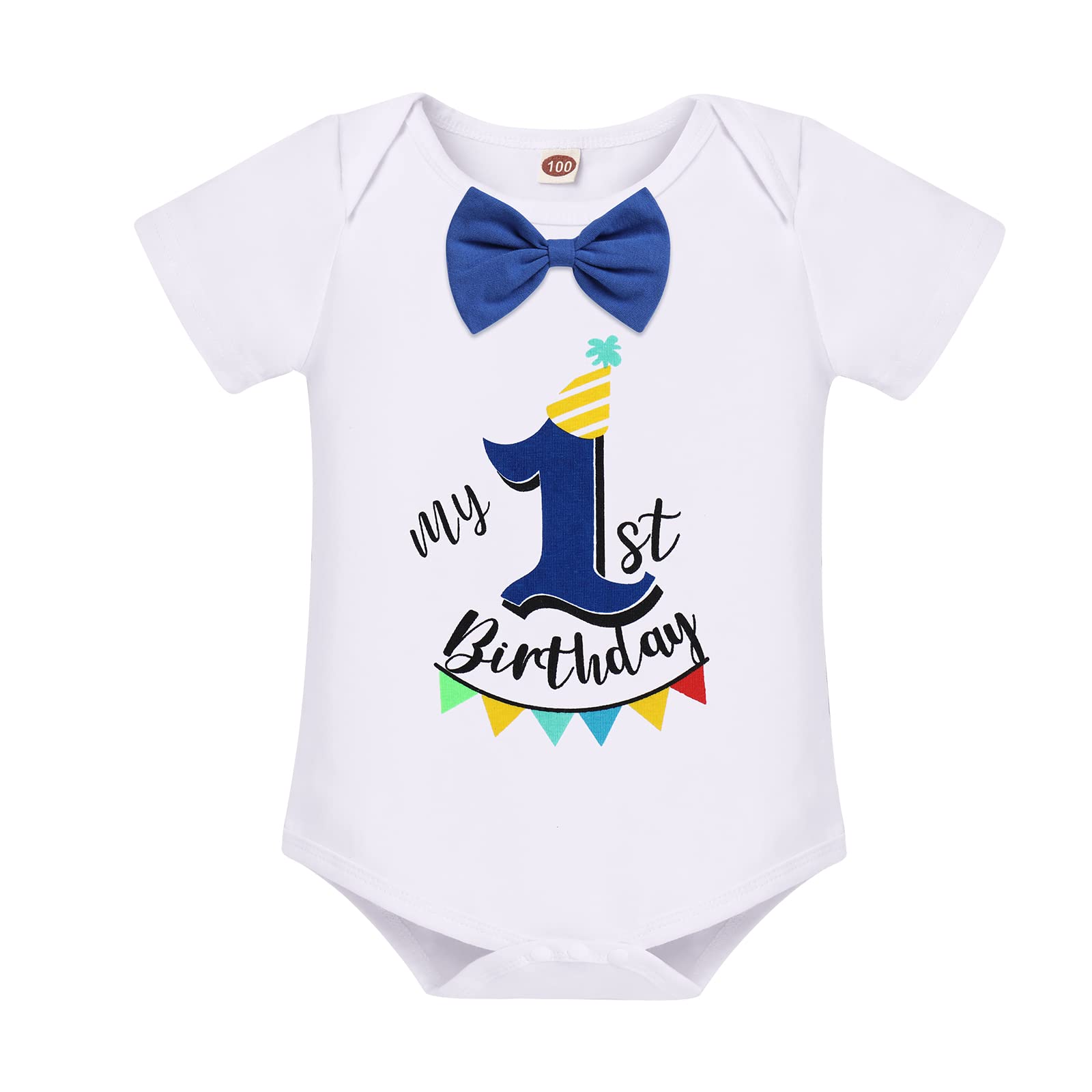 1st First Birthday Outfit Baby Boy Cake Smash One Year Old Party Newborn Toddler Bow Tie Cotton Short Sleeve Romper Shorts Pants Y-back Suspenders 3PCS Clothes Set Photo Shoot Royal Blue 12-18 Months